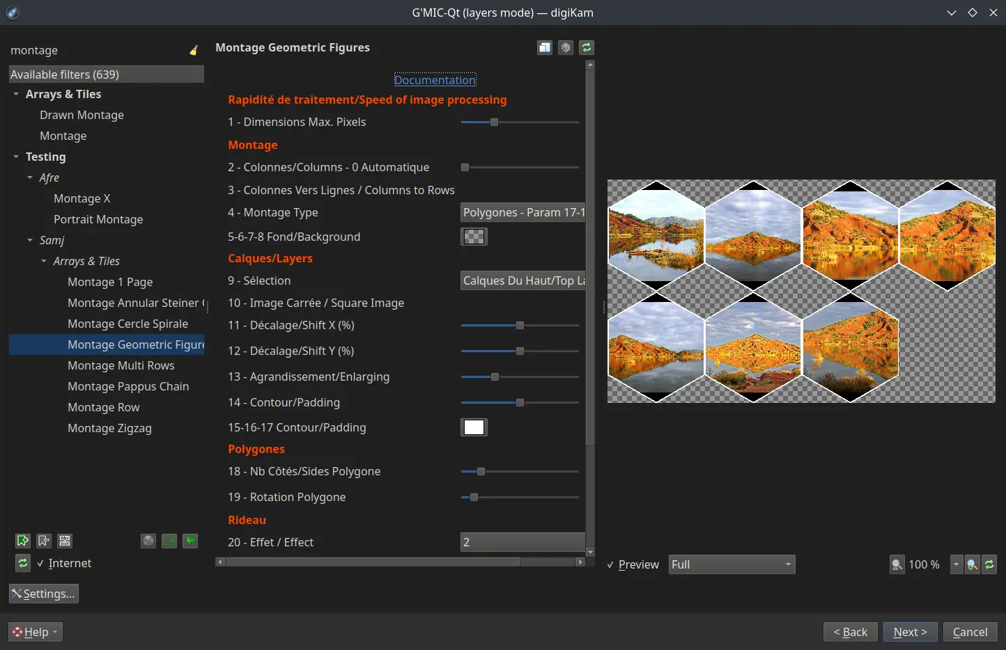digiKam 8.7.0 G&rsquo;MIC generic layer mode plugin running Montage filter